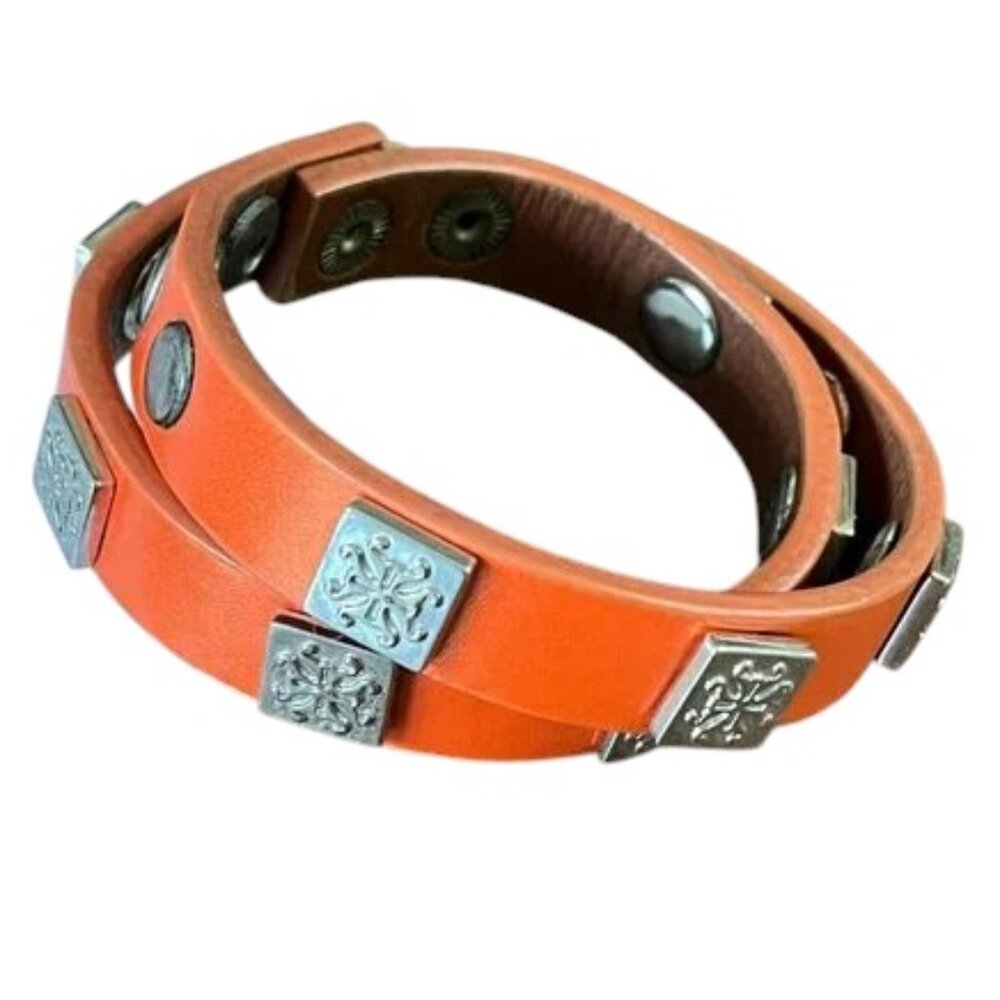 Rustic Cuff Meagan Orange and Silver Double Wrap Leather Logo Bracelet